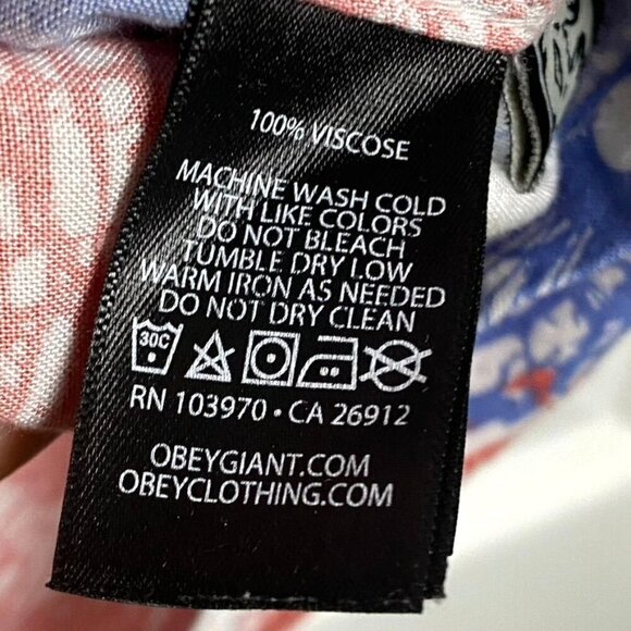 Obey Men's Button Front Collar Shirt Red White Blue Firecracker Size Medium - Picture 4 of 7